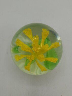 Vintage Art Glass Paperweight Yellow Flower with Green Leaves 3" T & 3 1/4" W